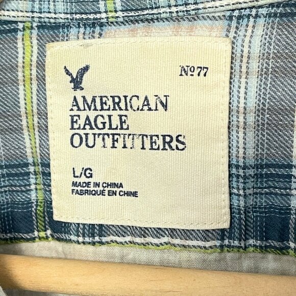 American Eagle Outfitters Button Flannel Shirt Mens L Blue Plaid Soft Cotton - Picture 9 of 13